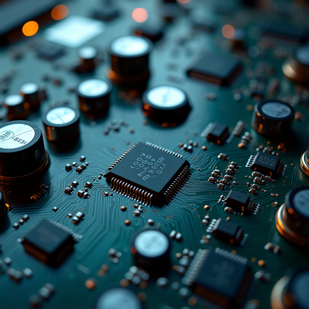 A close-up view of an electronic circuit board with microchips and components.