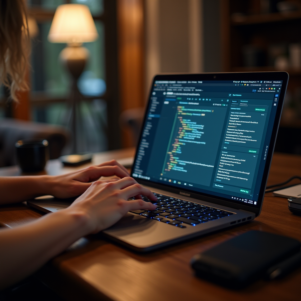 A person is typing code on a laptop at a wooden desk with a warm lamp in the background.