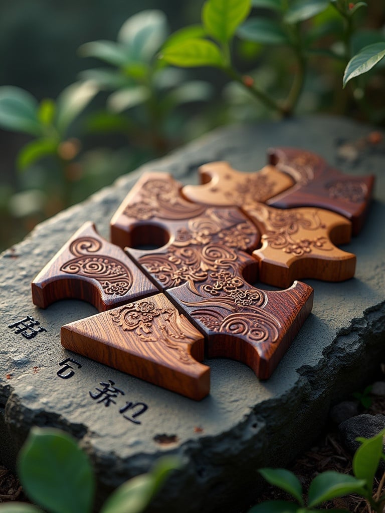 Tangram puzzle pieces made from various exotic woods. Carvings show flowers and dragons. Puzzle on an eroded stone tablet. The stone has ancient Qin script. Lush greenery surrounds the scene. Mist creates a mystical atmosphere. Rich color tones with life-like textures. Render resembles concept art with detailed styles and painting effects. Soft golden lighting enhances the image.