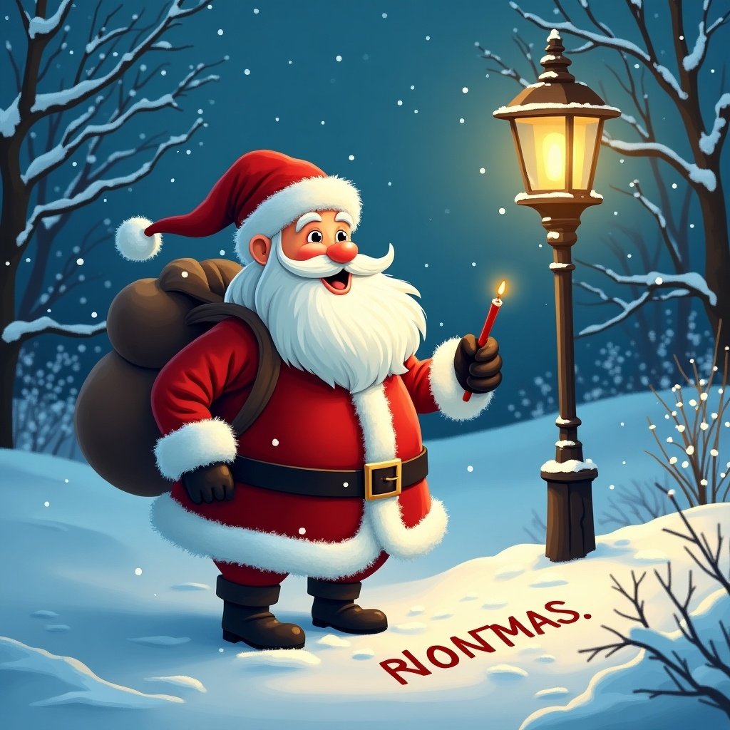 Santa Claus in a snowy landscape with a warm street lamp. Writing name in the snow. Festive winter scene evokes joy.