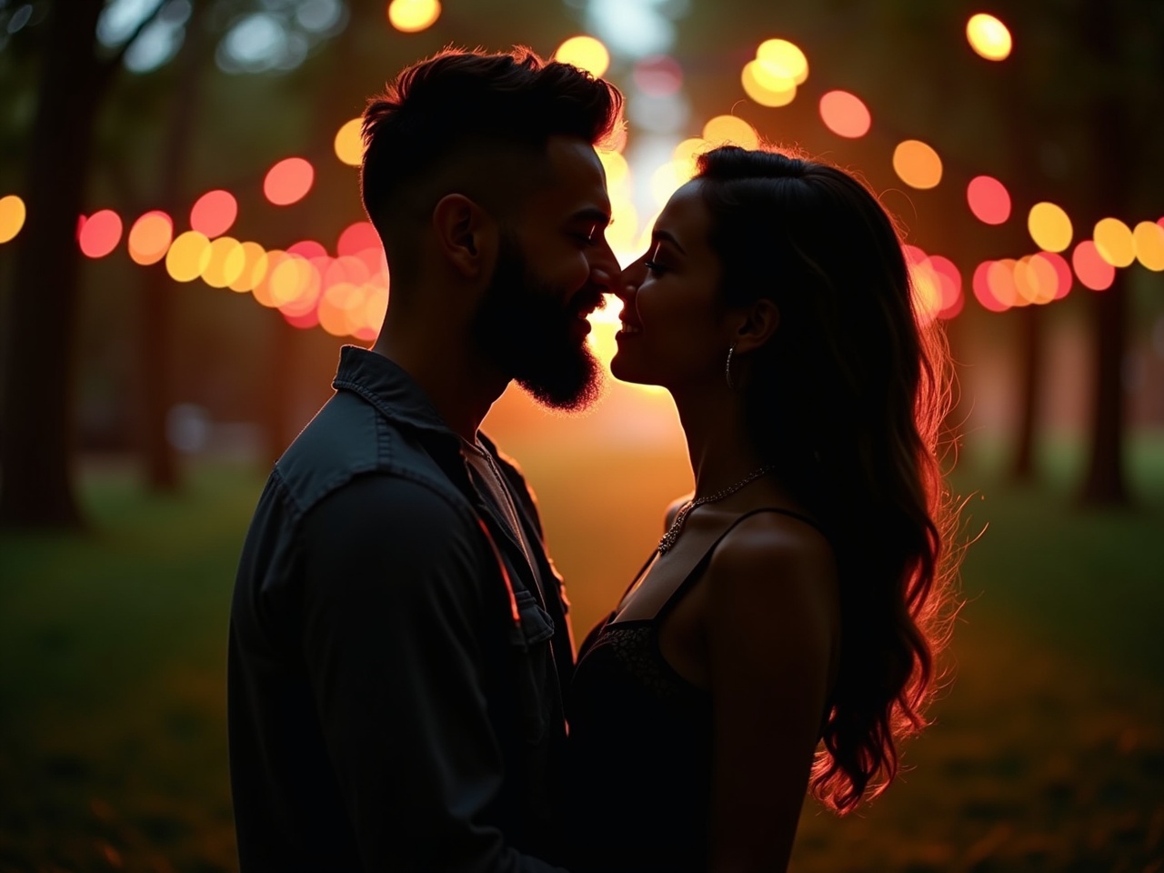 A couple sharing a romantic kiss in a lush green park during soft daylight. The scene is beautifully lit, with vibrant string lights surrounding them at night, creating a warm and dreamy atmosphere. Their silhouettes are emphasized against the colorful lights, showcasing their closeness and connection. The male partner features a stylish haircut and beard, while the female partner has long, flowing hair. Both appear joyful and intimate, and the softly blurred background enhances the overall romantic feel of the image.