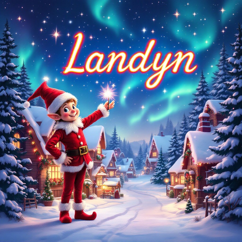 The scene depicts a charming Christmas village nestled under a starry night sky. Snow blankets the roofs of cozy houses adorned with colorful holiday lights. The atmosphere is joyful and inviting, with evergreen trees lining the pathway. An elf dressed in red and white holds a magic wand, writing 'Landyn' in glowing script above him. Vibrant northern lights create a magical ambiance, capturing the essence of the holiday season. This picturesque moment evokes a sense of wonder and excitement, showcasing the spirit of Christmas with a whimsical twist.