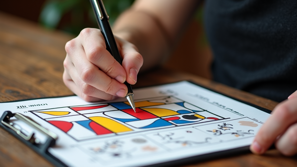 A hand is skillfully coloring a geometric abstract design on a clipboard, using a pen on a wooden table.