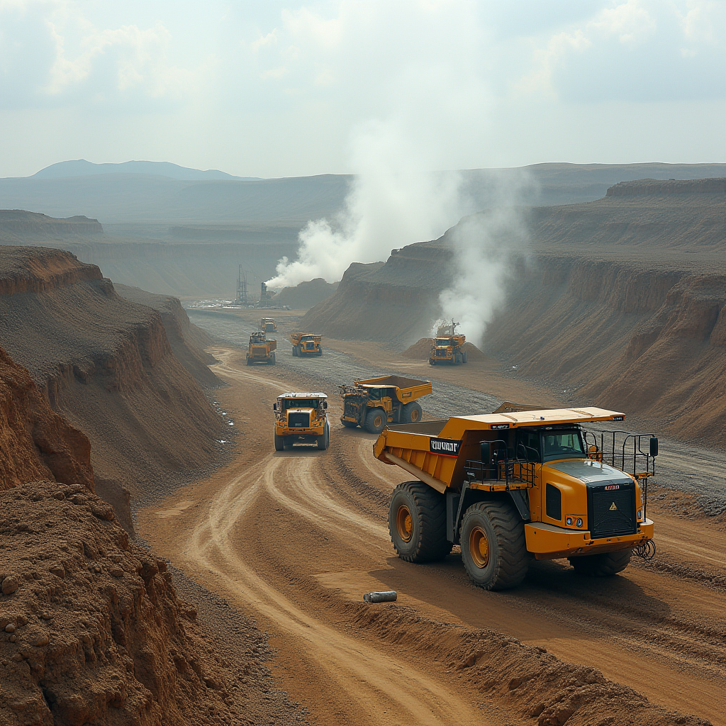 Heavy machinery operates in a vast, dusty quarry, with billowing dust clouds and eroded dirt walls encircling the area.