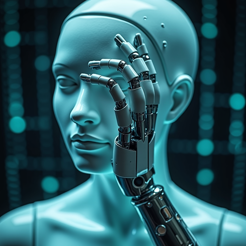 A humanoid robot gracefully interacting with its own mechanical hand, set against a backdrop of digital bokeh.