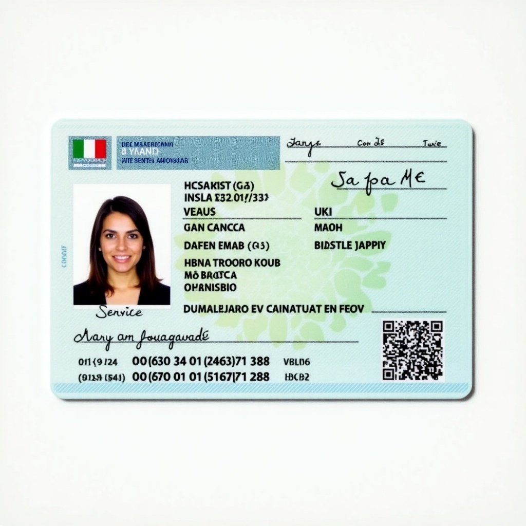 Image of an Italian identity card with security features. Clear layout and dimensions for identification. Predominantly green and blue tones typical for Italian documents.