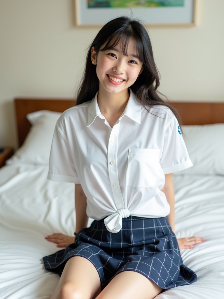 This image features a young woman sitting on a bed, smiling warmly at the camera. She is wearing a white short-sleeve shirt tied at the front and a blue plaid skirt. The setting appears to be a well-lit room with a framed picture in the background, giving a cozy and welcoming feel.