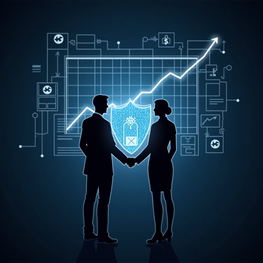 Two professionals engaged in financial analysis. A computer screen displays a growing financial graph. They hold a digital shield that symbolizes security.