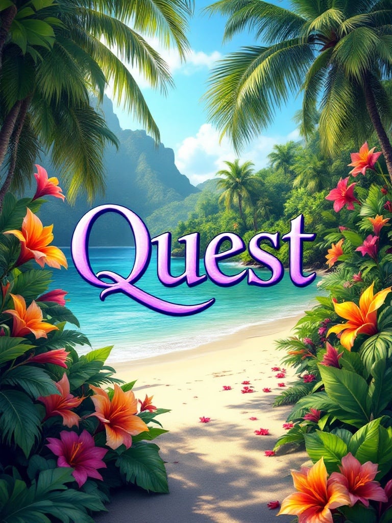 Vibrant Hawaiian flowers bloom in various colors. Pristine white sand beach merges with crystal-clear waters. The word 'Quest' is highlighted in purple. A tropical paradise scene inviting exploration and adventure.