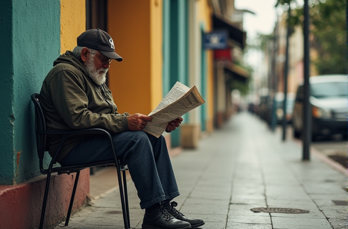 An elderly man in casual attire reads a newspaper while sitting on a chair along a colorful urban sidewalk.