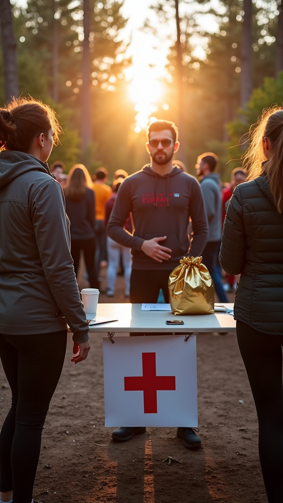 People are gathered outdoors at a table with a red cross sign, as the sun sets in the background.