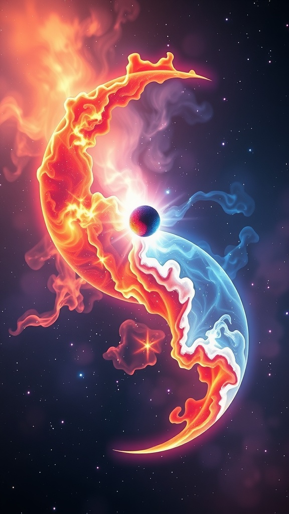 A fiery yin and yang symbol representing balance in the cosmos.