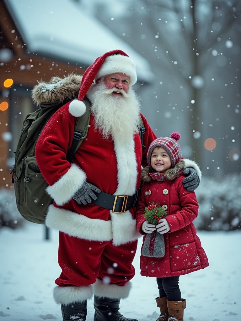 Santa Claus stands joyfully with a happy child in a snowy outdoor setting. The child holds a small bag. Snowflakes are falling around them. A cozy house with Christmas decorations shows in the backdrop.