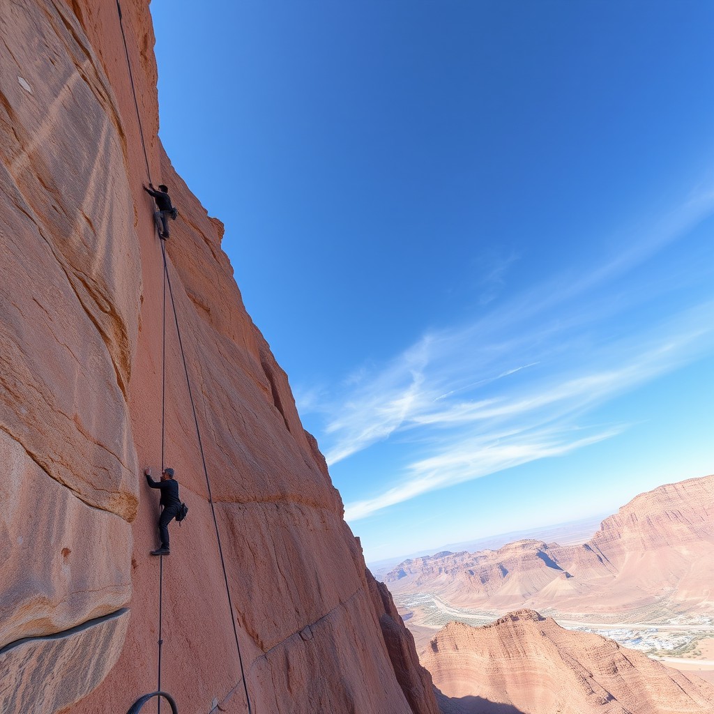 Two climbers ascending a steep rock face against a vast desert landscape and clear blue sky.