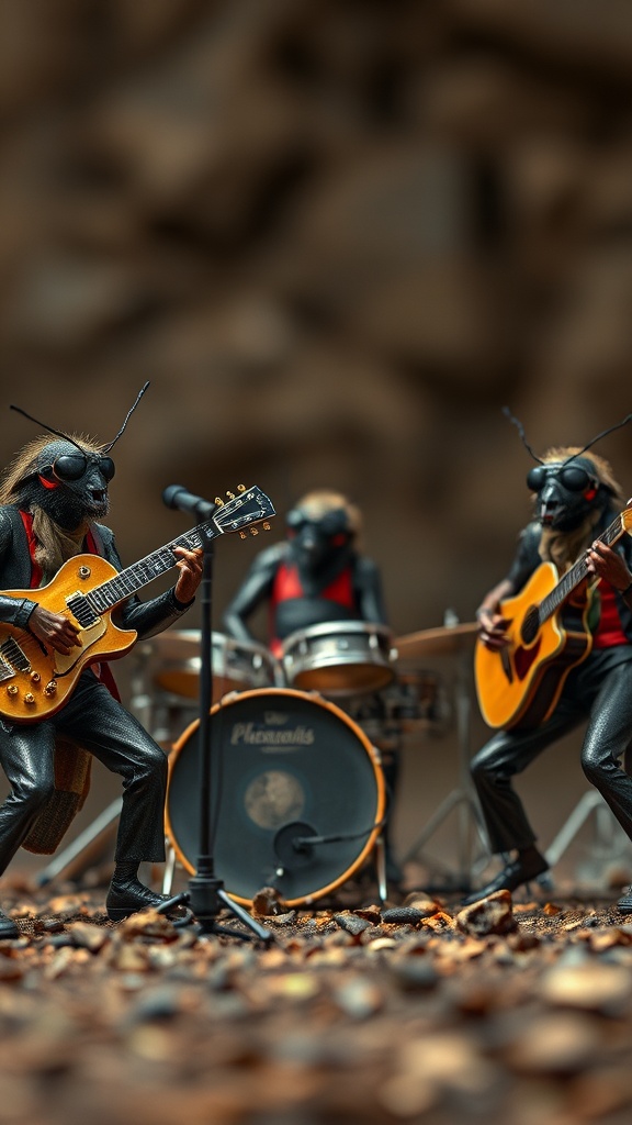 A creative and whimsical image depicting a band of anthropomorphic ants playing musical instruments like electric and acoustic guitars and drums. These ants are dressed in stylish outfits, complete with instruments, set against a blurred natural background, possibly simulating an outdoor concert setting. The scene presents a humorous, miniature rock concert tableau that fascinates with its detail and scale.