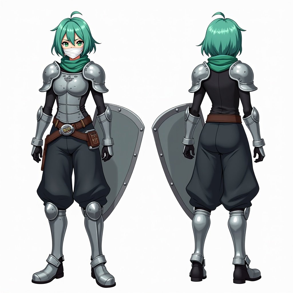 Anime mercenary character with sea green hair. Curtain bangs and green eyes. Silver shoulder pads and chestplate. Black shirt underneath. Short sea green scarf. Metal gauntlets and shin guards. Baggy black pants with a large belt and silver buckle. Silver shield on belt. Displayed from front, side, and back views.