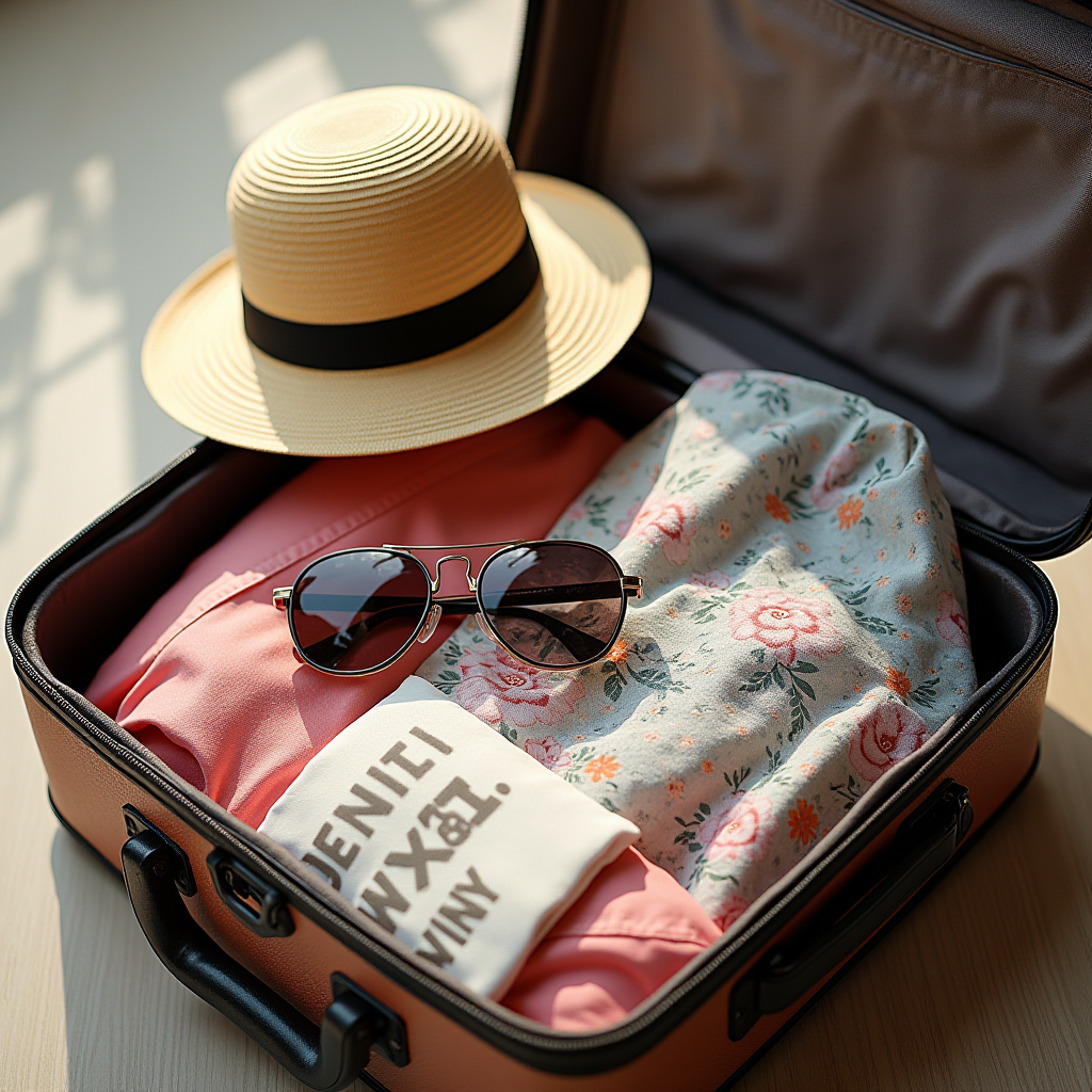 A stylish suitcase packed with a straw hat, sunglasses, and floral clothing, capturing the essence of a summer vacation.