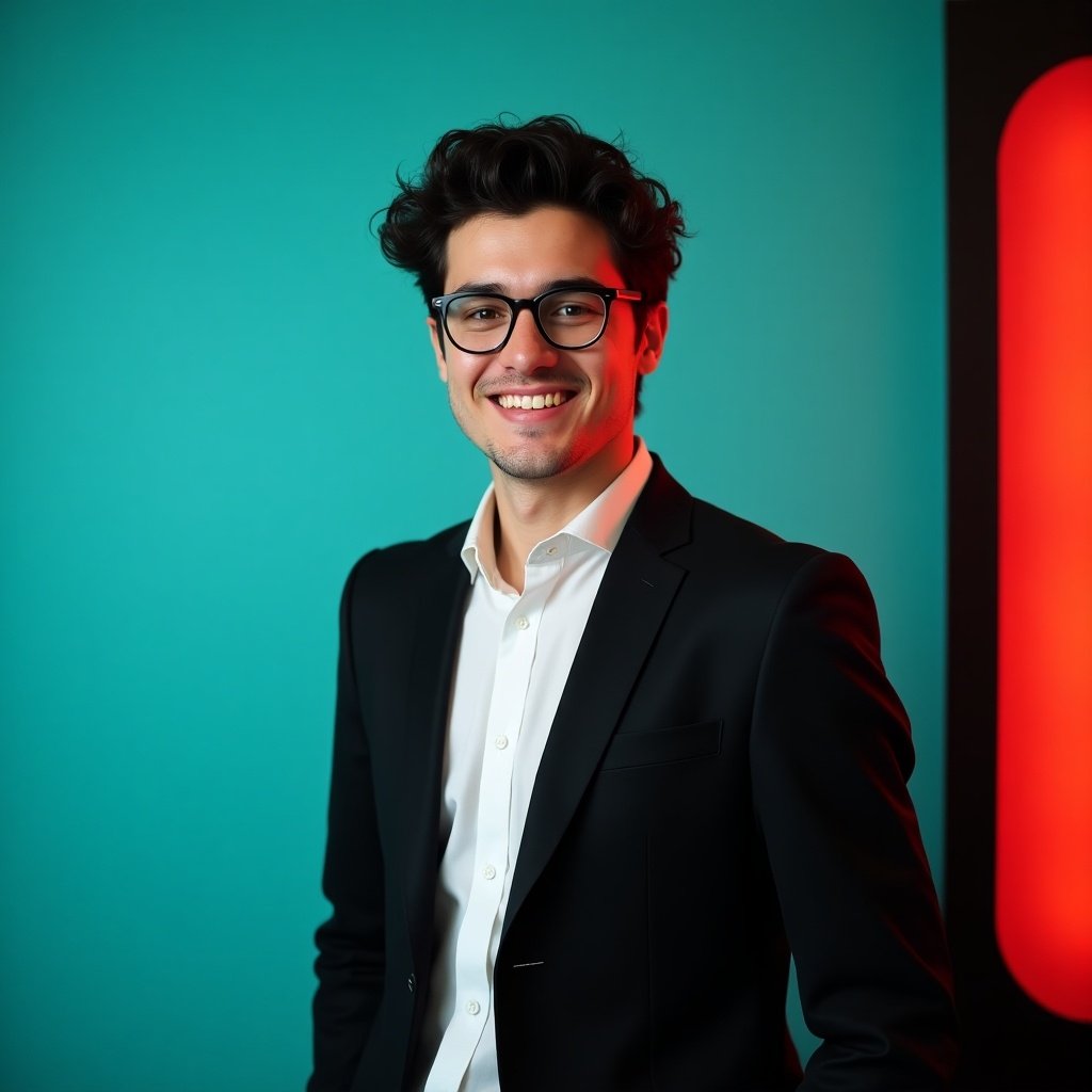 A young man with dark hair is dressed in a black blazer over a white shirt. He poses confidently against an aqua backdrop with subtle red lighting on the right side for a LinkedIn profile.