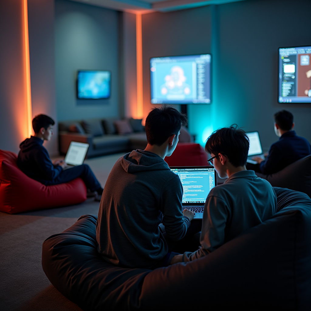 A group of people working on laptops in a cozy, dimly lit room with colorful ambient lighting.