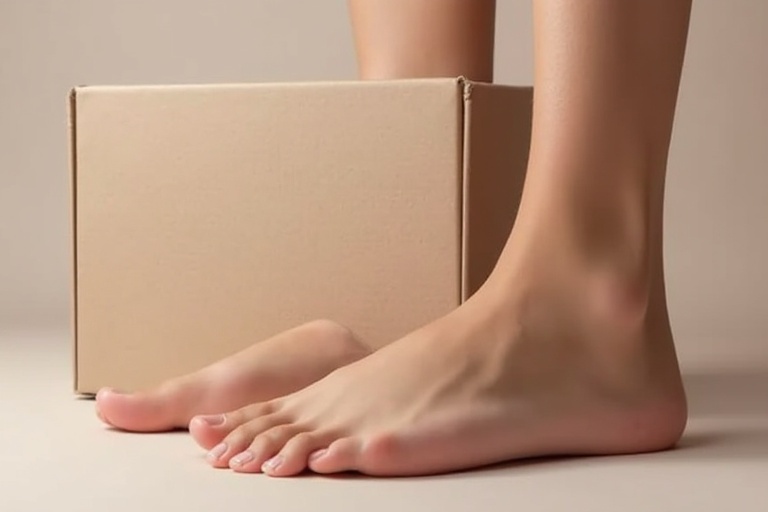 Female feet are positioned next to a plain cardboard box. The background is neutral and minimalistic. Lighting is soft and warm. The focus is on the feet and the box adjacent to them.