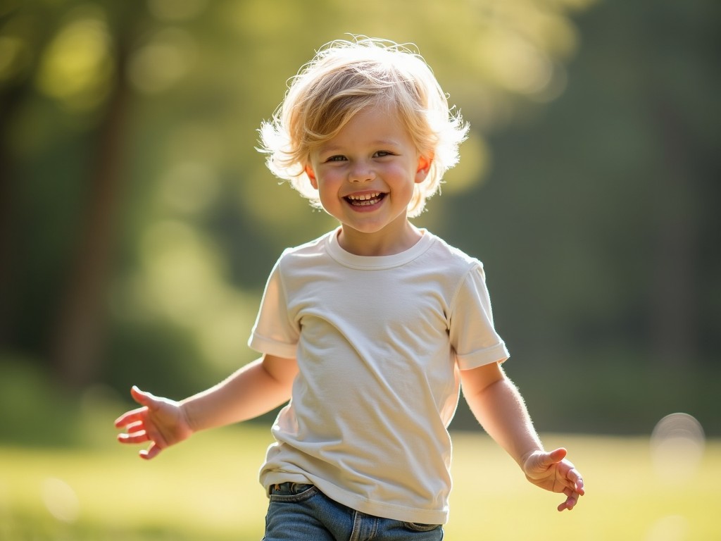 A cheerful child with blonde hair playing outside in a sunlit park, wearing a white t-shirt and jeans, with soft natural lighting creating a warm atmosphere