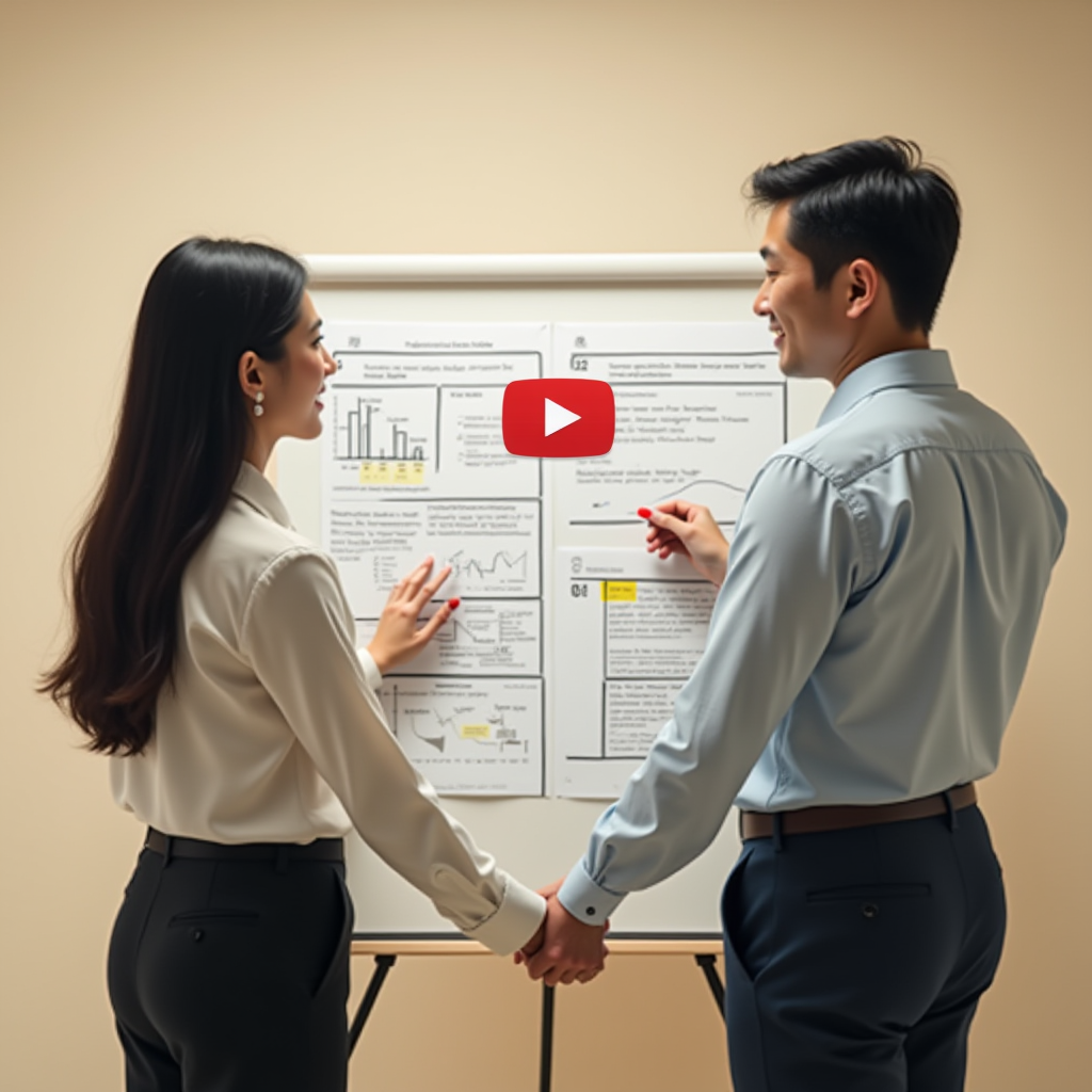 Two professionals stand close, discussing charts on a flipchart with a YouTube play button overlayed.