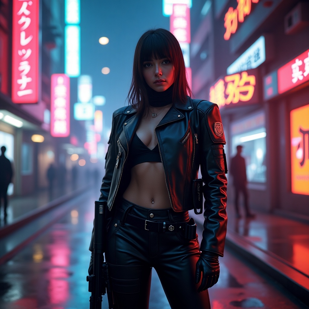 Futuristic female soldier stands confidently in a neon urban landscape. Wearing a leather outfit and holding a weapon. Light and shadow create a dramatic effect with neon signs illuminating the surroundings. The setting evokes a cyberpunk theme.