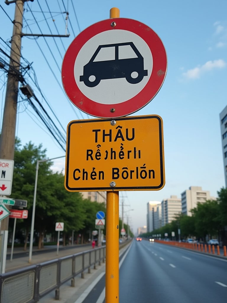 Traffic sign indicating a Vietnamese road. Sign features a car icon and text in Vietnamese. The scene shows a deserted road and buildings in the background. Clear blue sky provides a bright atmosphere.