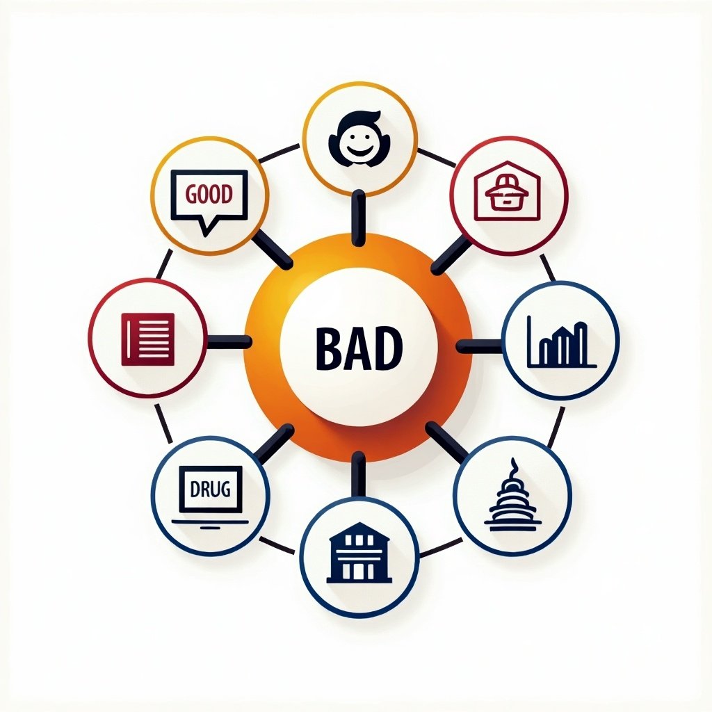 Logo design for a blog post illustrating the good, bad, and ugly outcomes of Trump influencing AI public policy. Features central circle labeled 'BAD' connecting various outcomes.