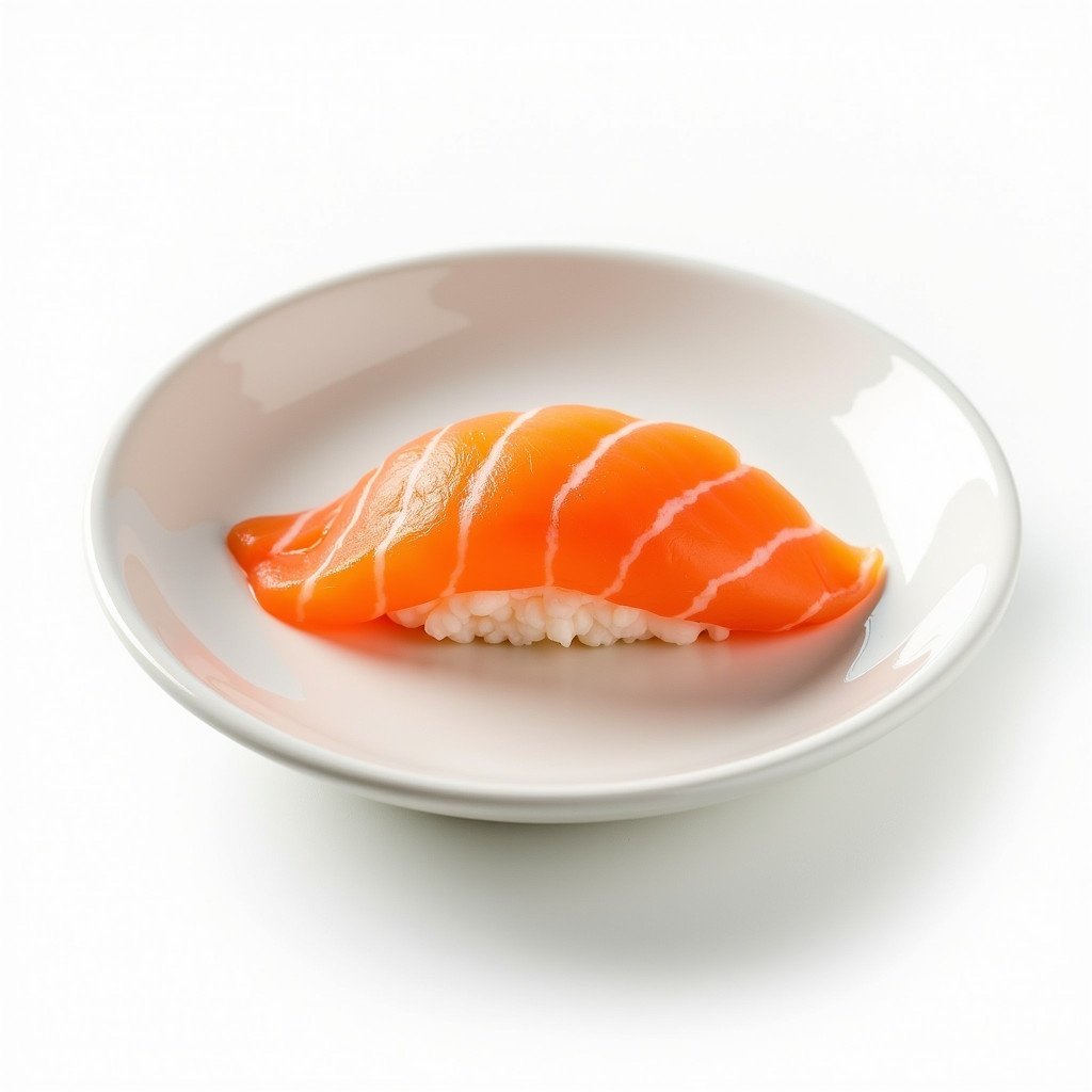 Raw salmon sushi placed on a white plate. The plate is set against a white background. The sushi features thinly sliced orange salmon atop a small mound of sushi rice.