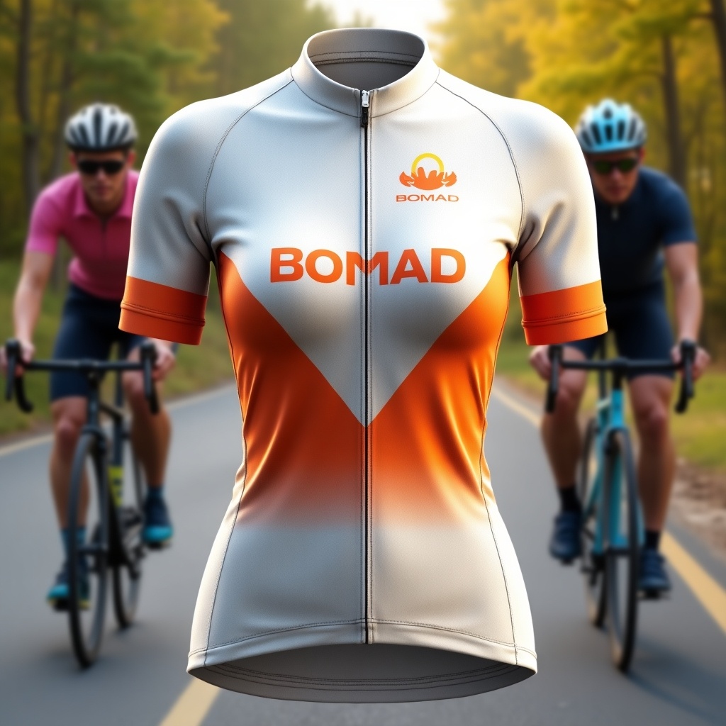 This image showcases a women's road race jersey designed for cycling, featuring a vibrant white and orange color scheme. The jersey prominently displays the brand 'BOMAD' in a stylish font. It is modeled on a torso, emphasizing the fit and design intended for female cyclists. In the background, two cyclists are visible, riding on a tree-lined road, suggesting a sense of motion and activity related to cycling. The overall aesthetic is energetic and sporty, making it appealing for athletes and cycling enthusiasts.