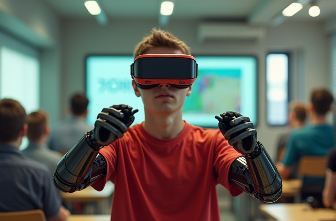 A young individual wearing a red shirt and VR headset interacts with a virtual environment in a classroom, surrounded by other students.