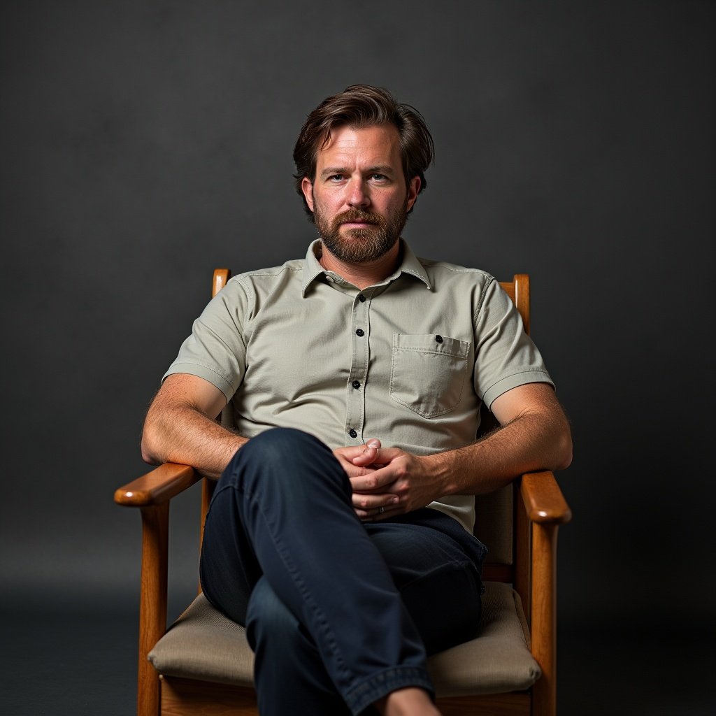 A man sits on a chair looking seriously into the camera. He wears a light-colored button-up shirt and dark pants. The background is softly lit, creating a moody atmosphere.