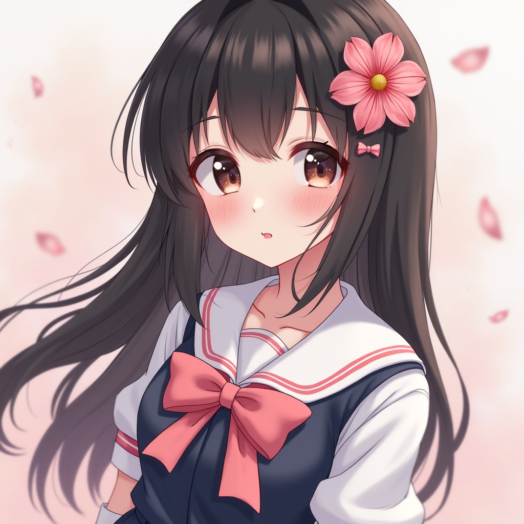 The image features a realistic, pretty anime girl with visible eyelids and delicately rosy pink lips. She has long eyelashes and deep brown eyes framed by well-groomed eyebrows. Her slightly sharp jawline and plump lips complement her pale white skin. Her silky black hair flows smoothly, adorned with a matching baby pink flower. She's dressed in a traditional Japanese school uniform comprising a dark blue pleated skirt and shirt with a sailor-style collar. The bow on her uniform is baby pink, matching her flower, and she wears long white silky socks paired with cute pink boots. Petals subtly enhance the overall aesthetic of the image.