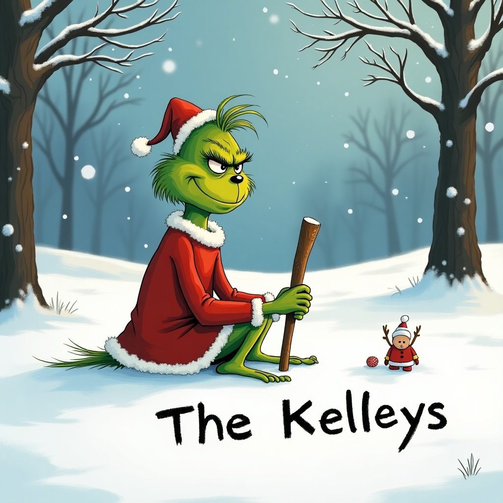 The Grinch sits in the snow. He writes 'The Kelleys' in the snow with a stick. The Grinch looks mischievous and festive.