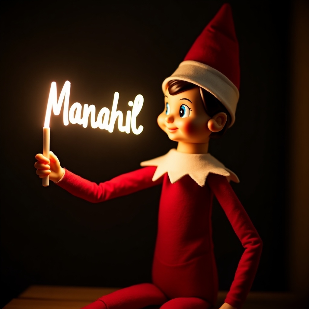 Elf on the shelf character wears red and white. Elf holds a glow stick forming the name Manahil. Dark background enhances glow. The scene embodies holiday joy and magic.