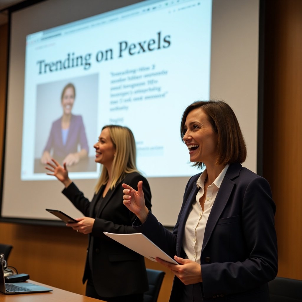 Two women participate in a presentation. One woman gestures enthusiastically. The other holds a laptop. The theme is about trending topics on Pexels. The setting is a professional environment.