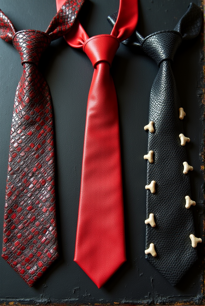 Three neckties are displayed on a dark background: a patterned red and black tie, a plain red tie, and a textured black tie adorned with bone-shaped decorations.