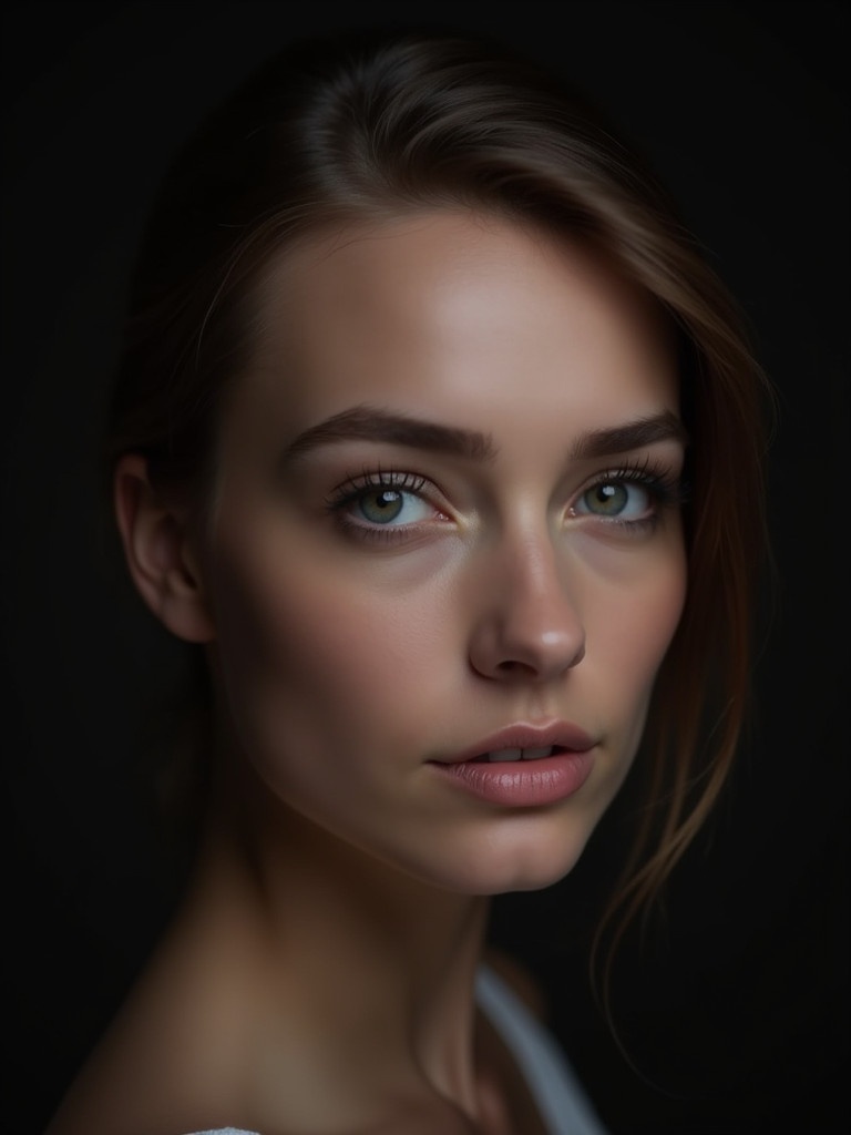 Portrait of a woman with captivating eyes. Soft lighting creates a gentle illumination. The background is dark. The focus is on her eyes and subtle facial features.