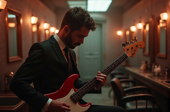 A man in a suit plays a bass guitar in a warmly lit room.