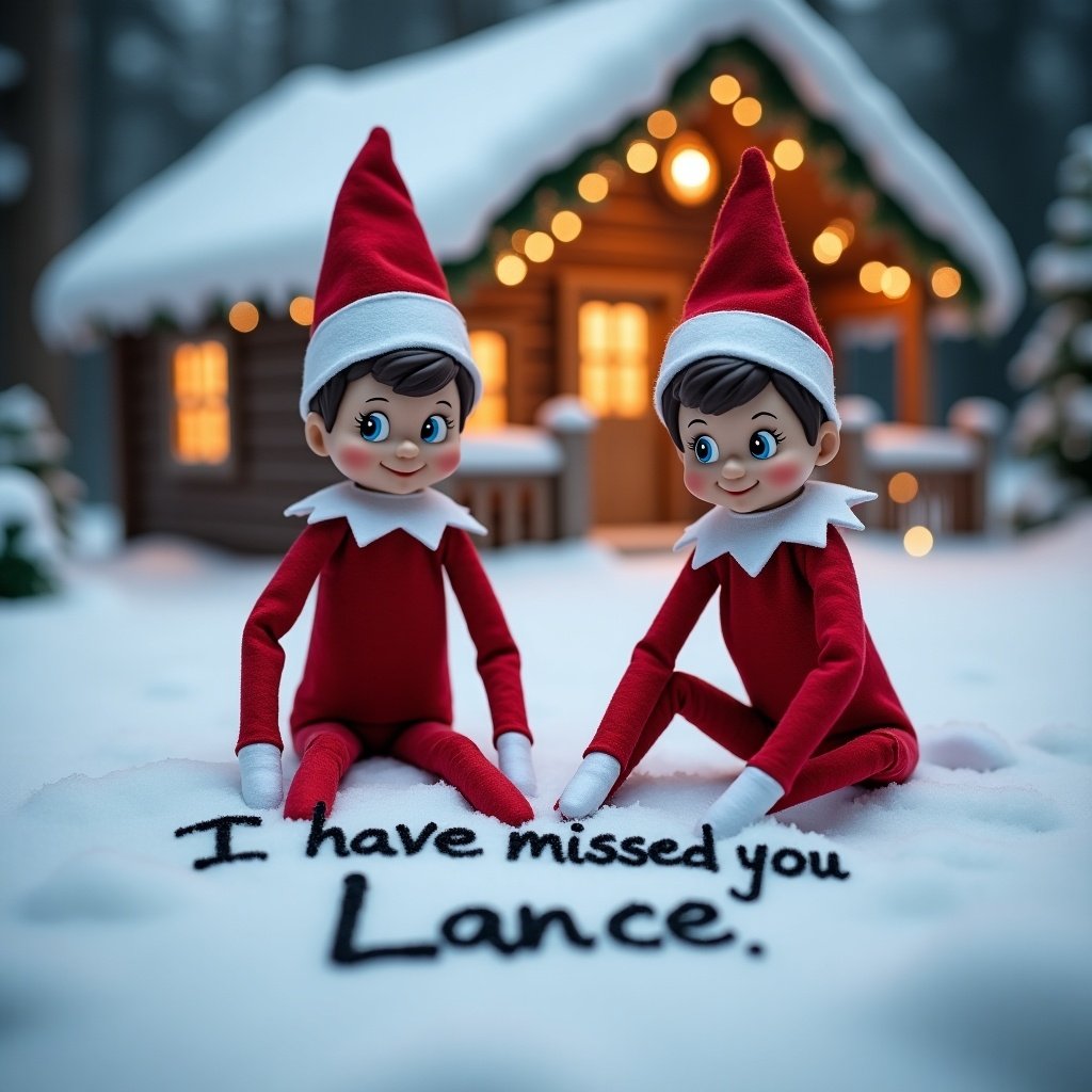 Two elves in a winter scene. Elves wearing red outfits. Elves writing in snow. Message in snow says 'I have missed you Lance'. Quaint cabin with warm lights in the background. Snowy environment evokes holiday joy.