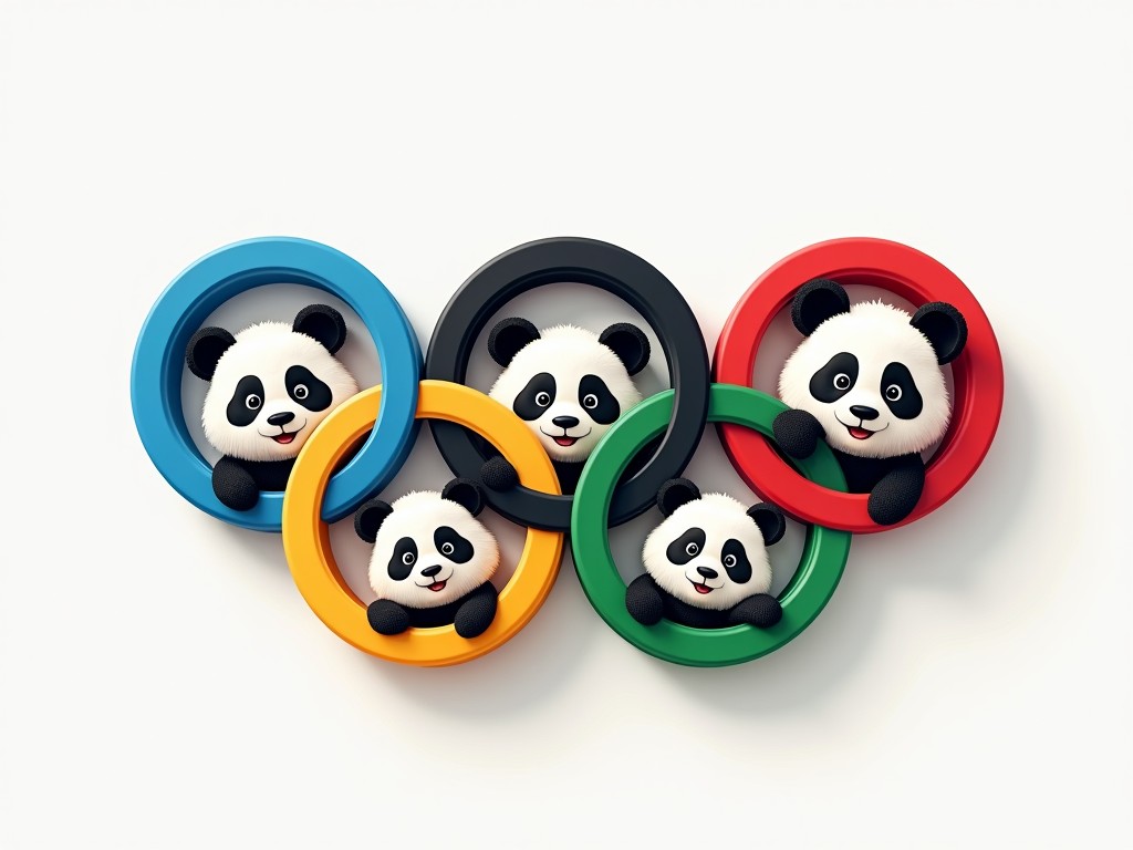 This playful digital illustration features adorable panda characters peeking through five colorful interlocking rings. The rings, colored blue, yellow, black, green, and red, evoke the iconic Olympic symbol. Each panda is positioned within a ring, creating a harmonious and whimsical scene.