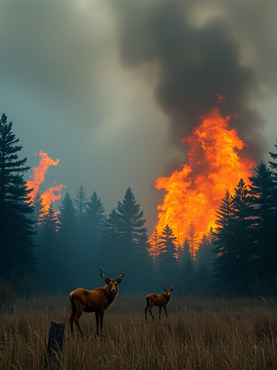 Two deer stand in a forest meadow as a wildfire rages in the background, with a dark sky and dramatic, towering flames.