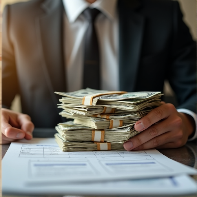 A person in a formal suit holding multiple stacks of money over a table with financial documents.