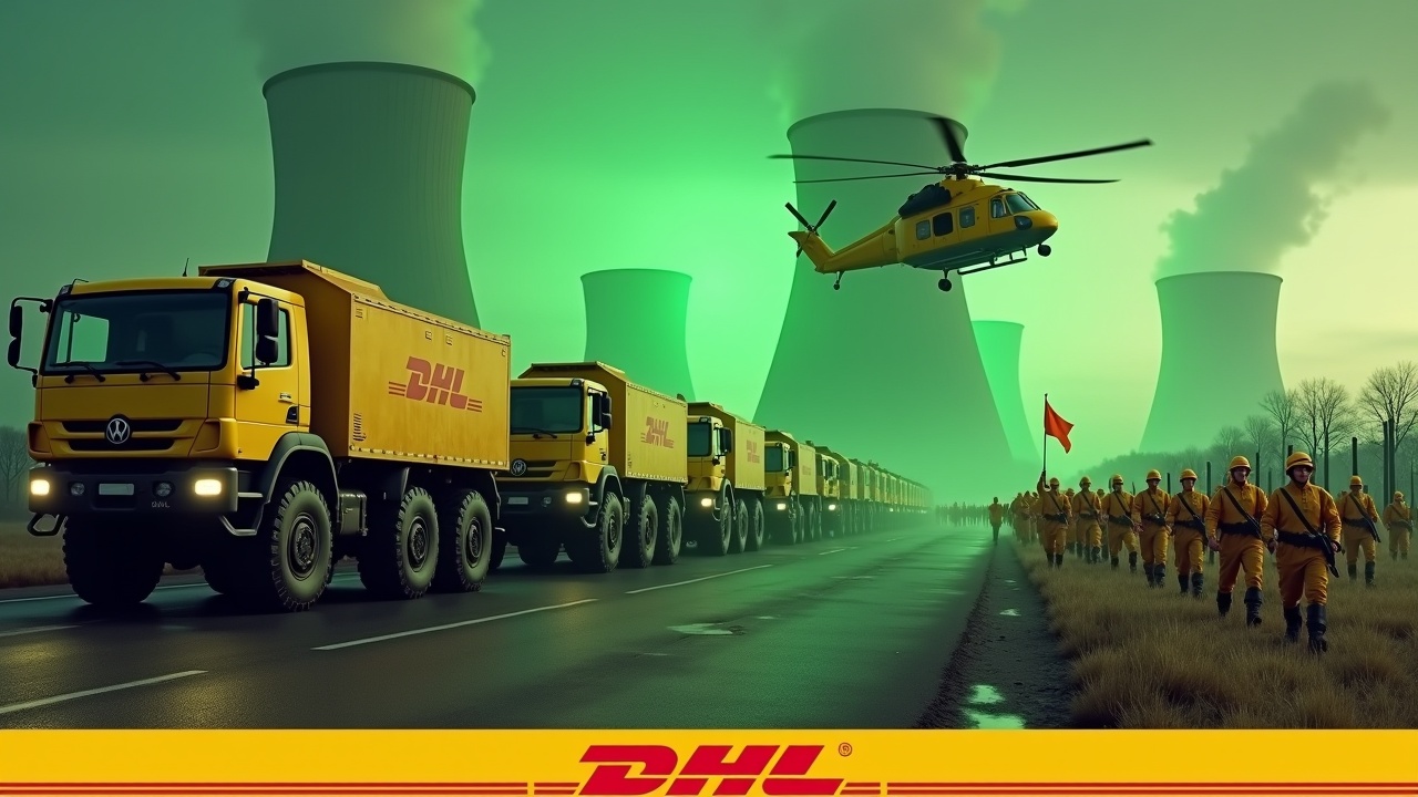 In this dramatic scene, a convoy of large yellow armored trucks equipped with enormous cannons is driving toward a fence. The trucks display the DHL logo prominently on their sides. A group of soldiers in matching yellow uniforms marches in unison, carrying rifles, while one holds a flag emblazoned with the DHL logo. The background features towering smokestacks of a nuclear power plant, glowing ominously green. Above, a large yellow Chinook CH-47 helicopter adds to the scene's intensity. The composition highlights a stark contrast between the military presence and the striking backdrop, setting a tense atmosphere. At the bottom, the bold DHL logo is clearly visible, reinforcing the brand presence.