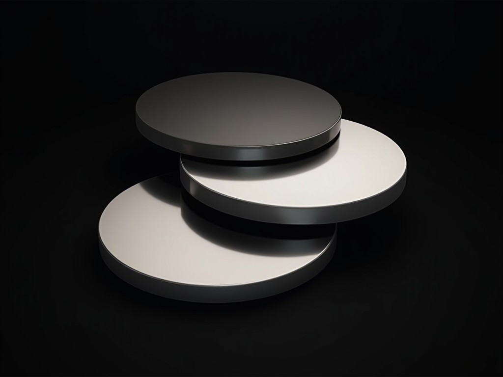 This image showcases a visually captivating arrangement of three round mirrors in black and silver. Each mirror is stacked delicately on top of the other, creating a sleek and minimalist aesthetic. The soft lighting enhances the reflective surfaces, emphasizing the smooth curves and edges. The background is a deep black, allowing the mirrors to stand out prominently. This composition is ideal for use in packaging design, e-commerce product listings, and other creative visual presentations.