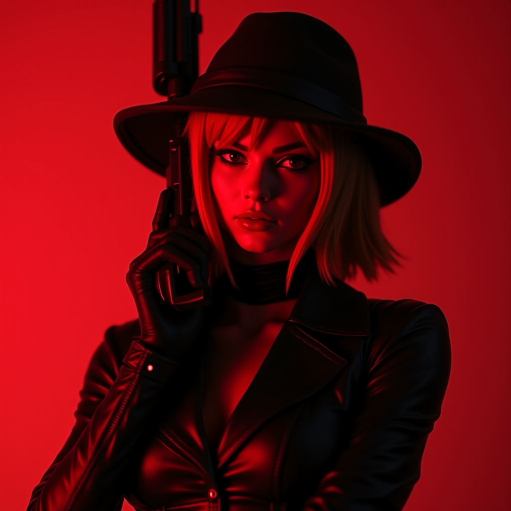 A woman in a black hat and leather jacket is illuminated by intense red light, holding a gun.