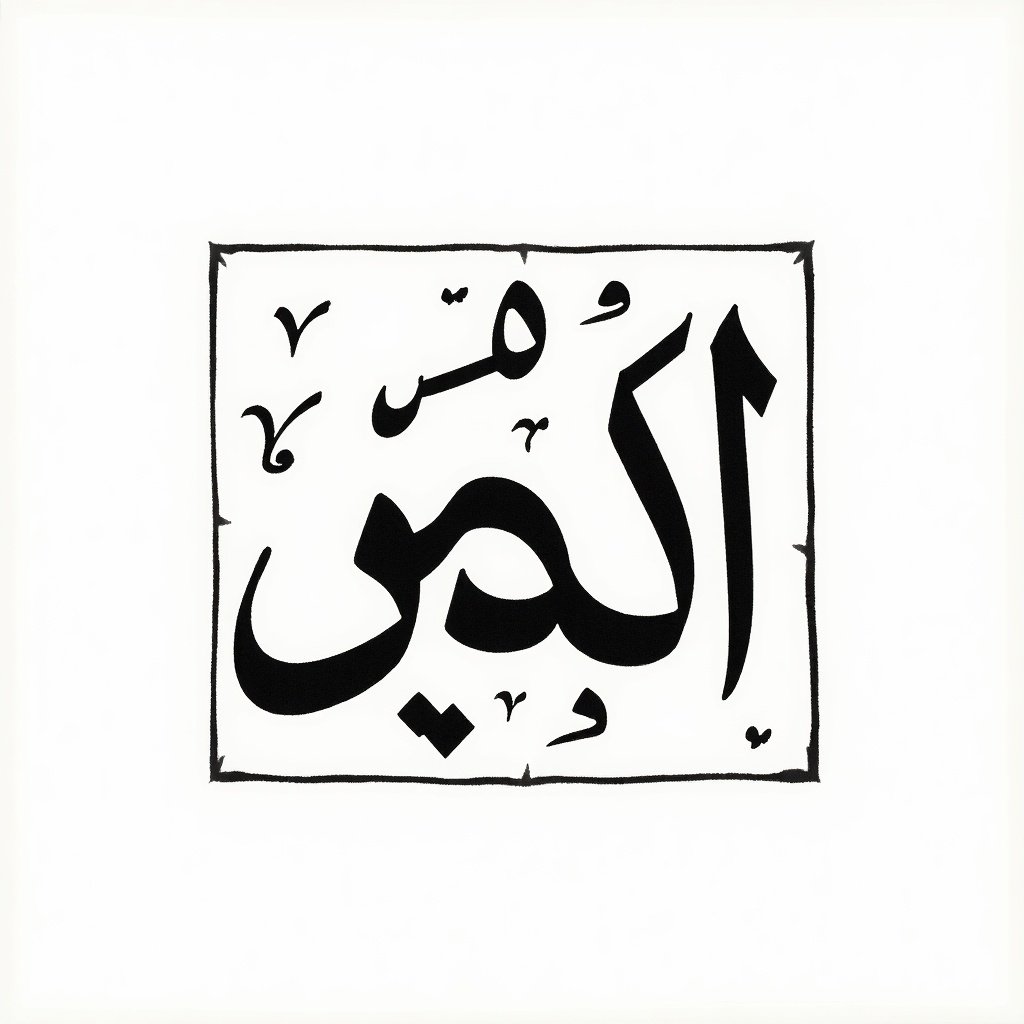 Handwritten Arabic calligraphy features names. Designed to fit in small box or circle. Elegant and intricate styling. High contrast black and white colors used.