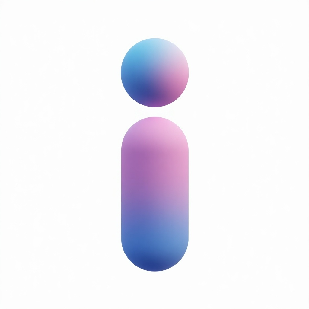 Glossy 3D letter 'i' in vibrant pink and blue against a white background. Logo mimics human body shape. Light shadows evident in white background. Alignments emphasize human form.