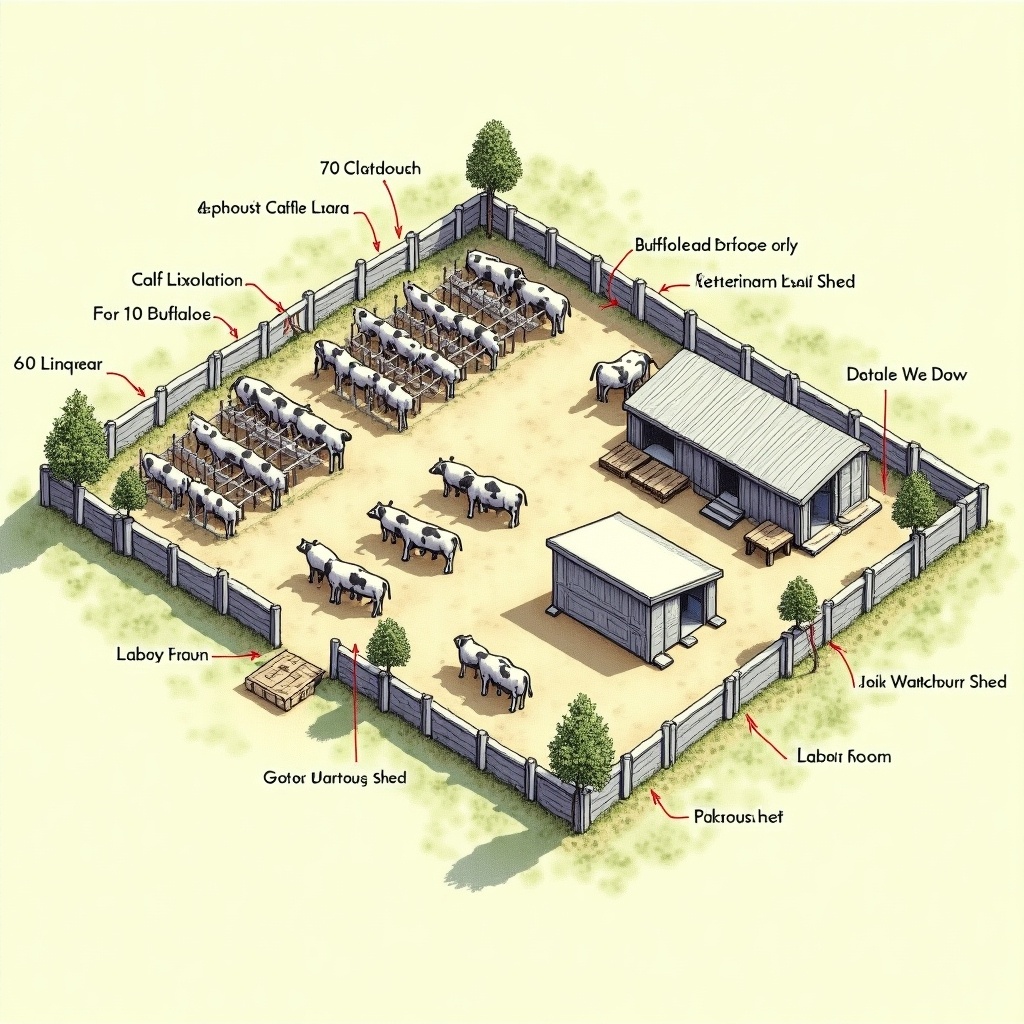 Dairy farm diagram showing layout with cattle shed, calf isolation shed, buffalo shed, veterinary aid, office, lab, milk parlour, labour room, godown, water tank, watchman shed in 10 guntha agriculture land.